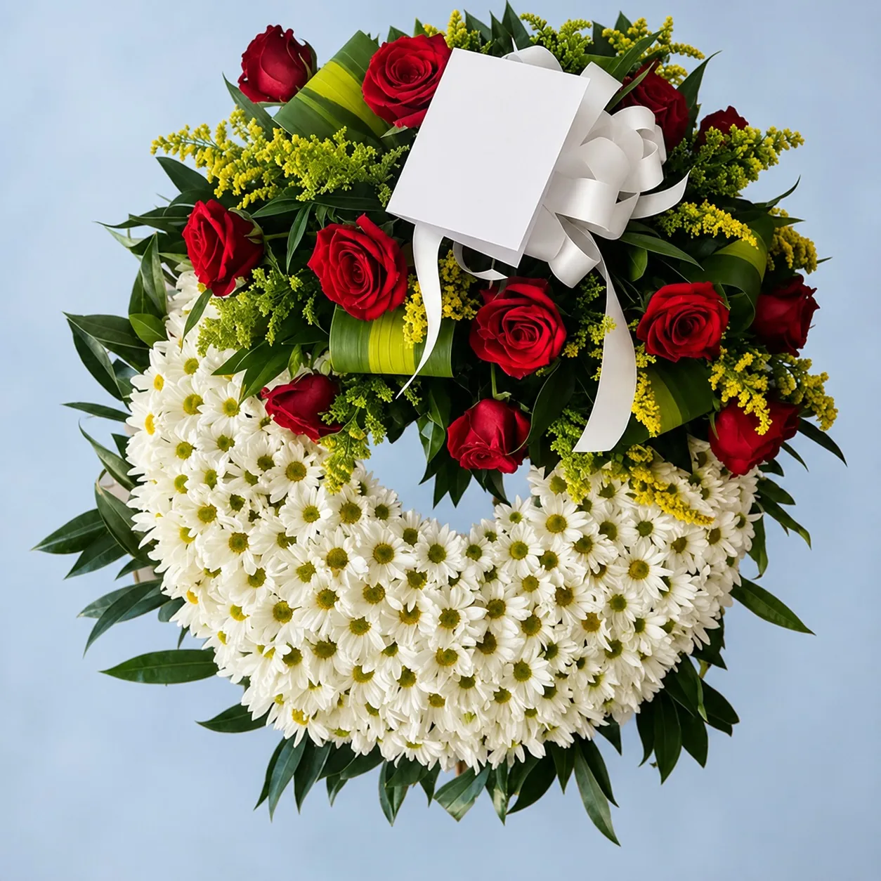 Corona Fúnebre de Margaritas Blancas y Rosas Rojas - Floristería Leonela TT Valledupar