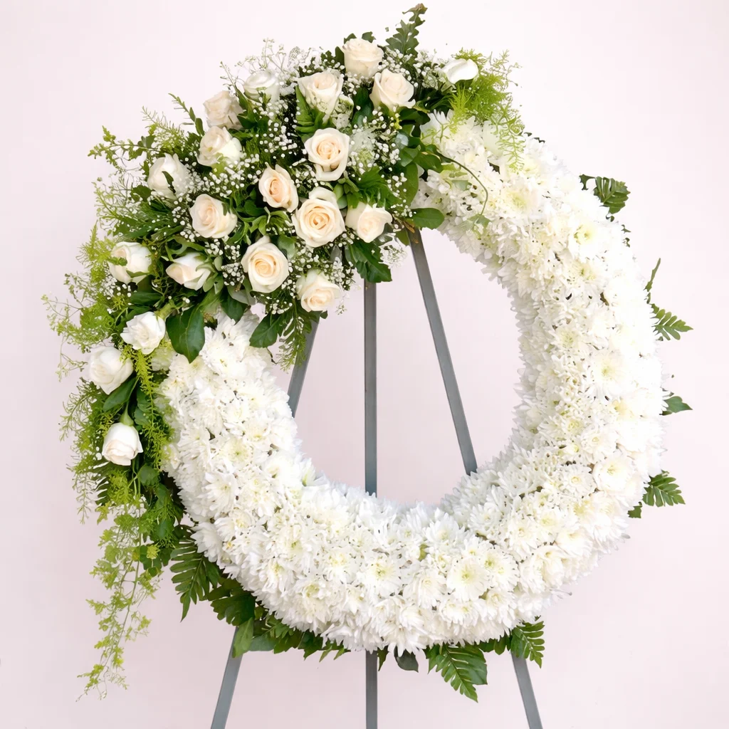 Corona Fúnebre Blanca con Rosas Champagne - Floristería Leonela TT Valledupar
