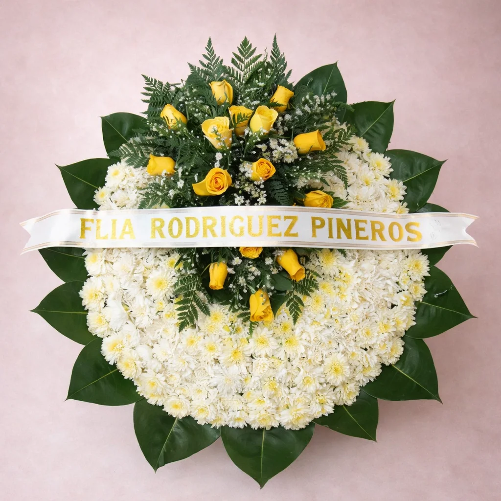 Corona Fúnebre con Rosas Amarillas y Cinta Personalizada - Floristería Leonela TT Valledupar